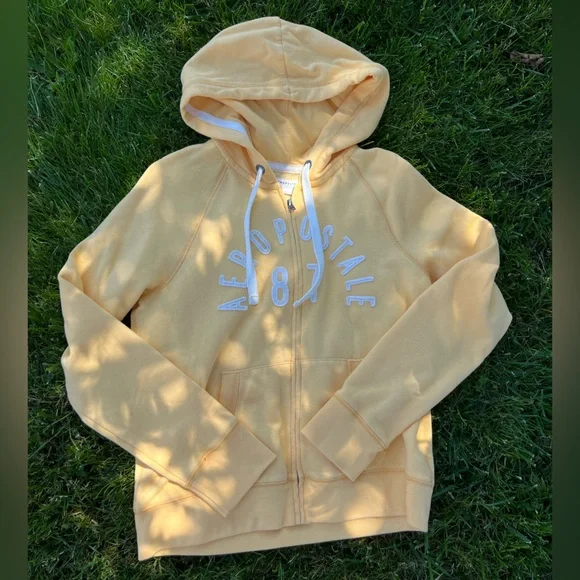 2000s Yellow Drawstring Kangaroo Pocket Zip Up Hoodie || AEROPOSTALE - Picture 1 of 3